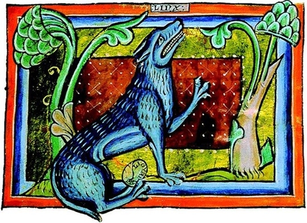 An illustration from a bestiary from 1275, showing a lynx urinating, with the urine turning into a mythical stone called lyngurium