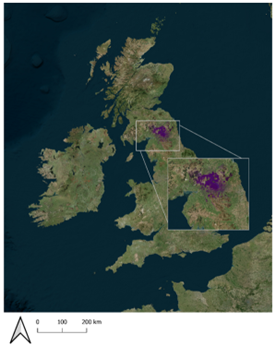 A map of Britain with the project area shaded in purple